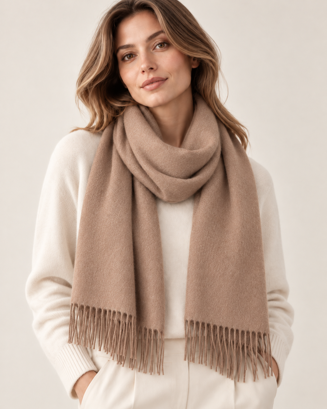 Effen beige cashmere sjaal voor dames Parijs (5)