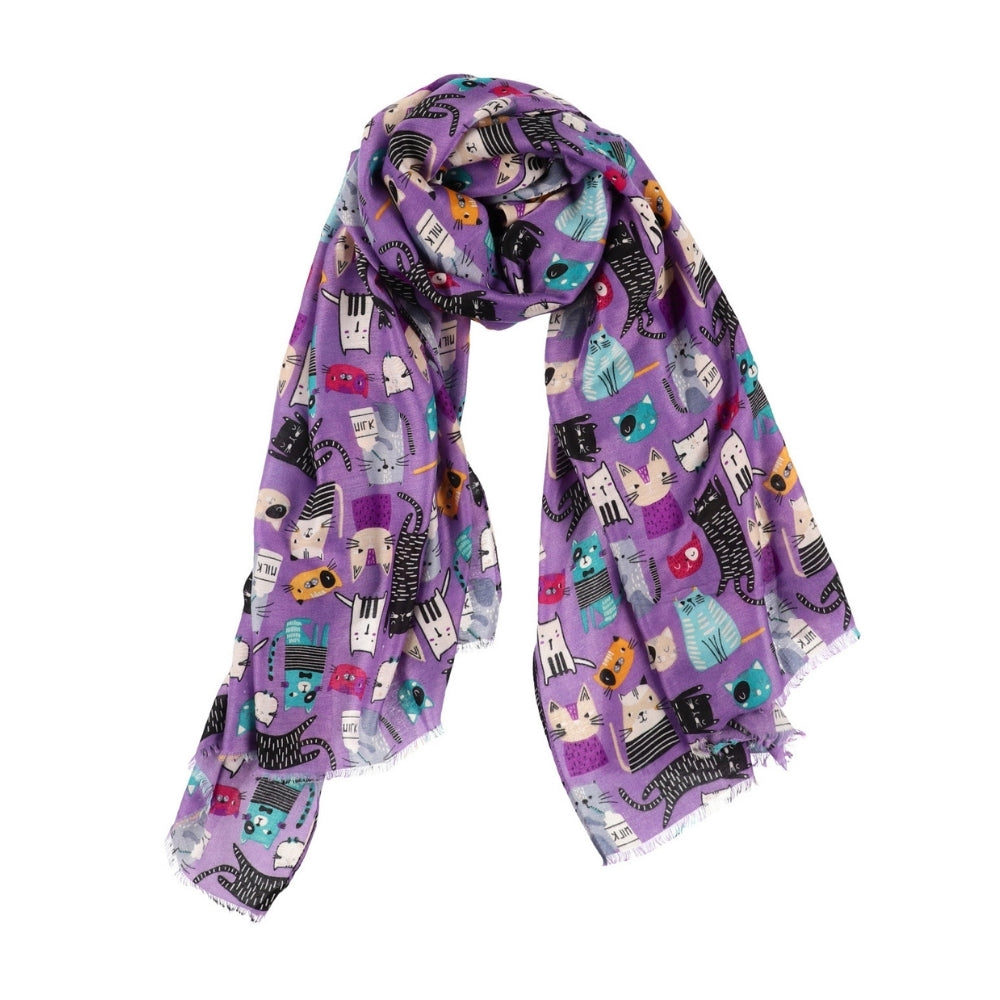 Paarse schouderdoek met kattenprint – Nikko (4)