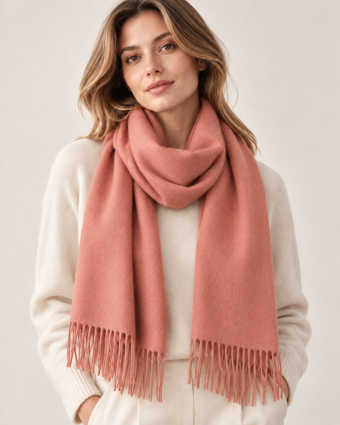 Effen poederroze cashmere sjaal voor dames Parijs (5)