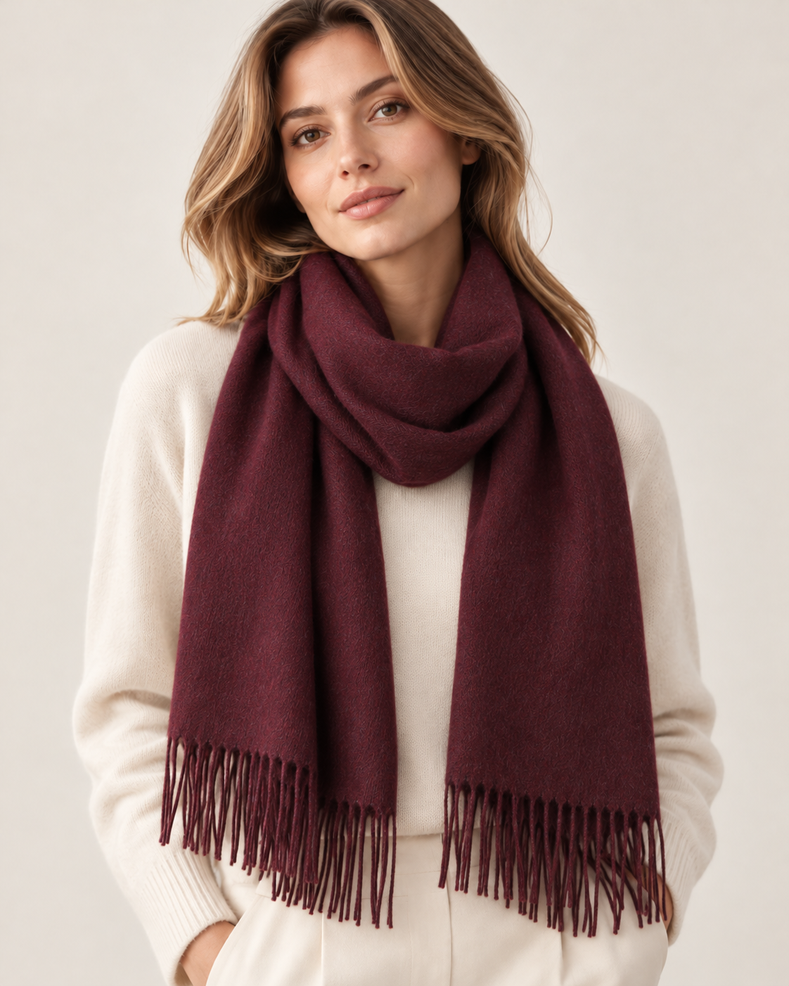 Bordeauxrode cashmere wintersjaal voor dames Parijs (5)