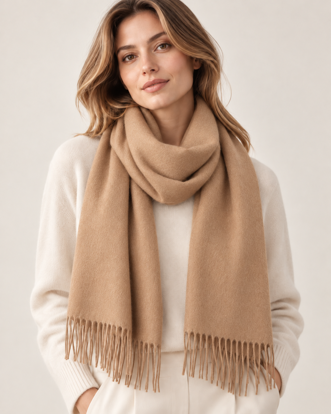 Lichtbeige cashmere wintersjaal voor dames Parijs (5)